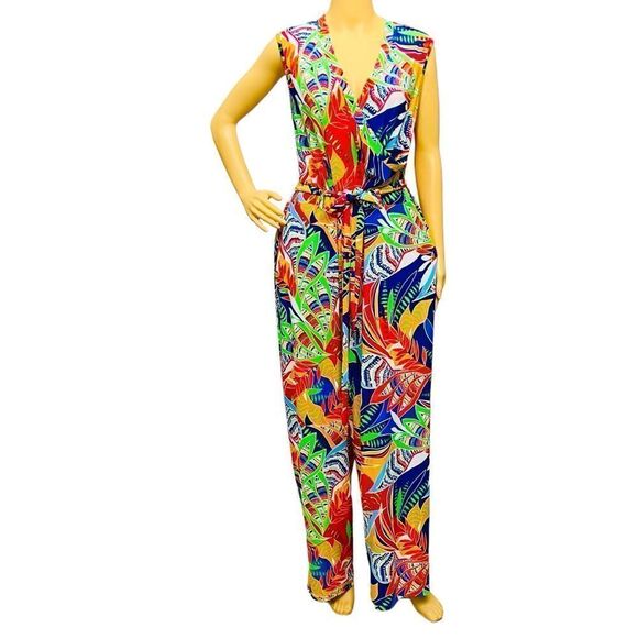 Mlle Gabrielle Jumpsuit Multicolor Tropical Floral Print Stretch Wrap Tie Sz 2X - Picture 1 of 16